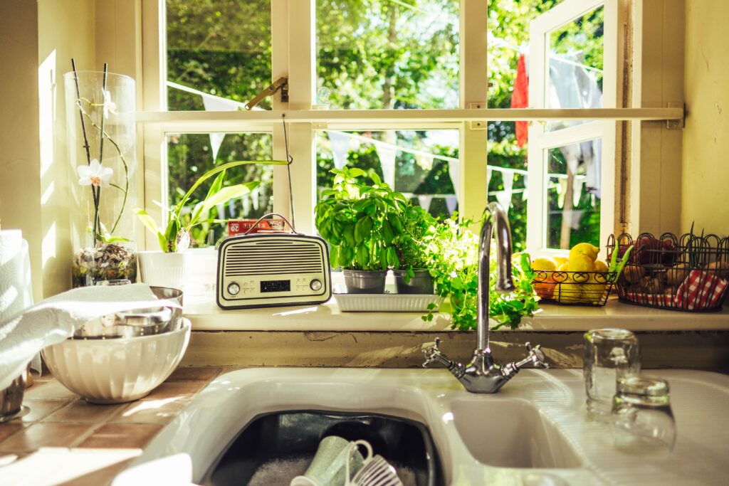 Sink with window looking outside, and radio, plants, and bowls of lemons and something else on a ledge behind the sink